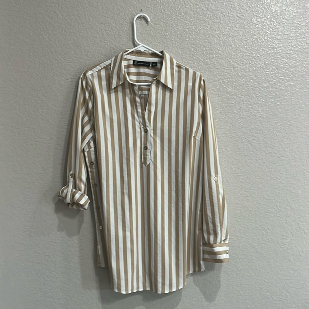 Women's New York & Co Striped Long Slv Button Down Blouse Sz L With Side Button